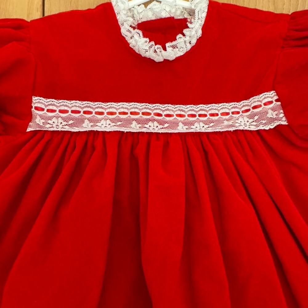VTG Cutest One Velvet Lace Trim Dress Kids 3T Red Holiday Coquette Cottagecore - Picture 2 of 7